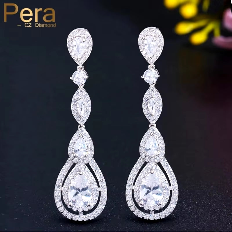 Pera Delicate Shiny White Cubic Zirconia Silver Color Long Water Drop Dangle Earrings for Ladies Costume Prom Party Jewelry E613